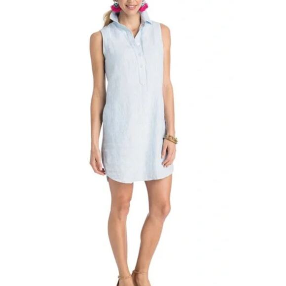 Vineyard Vines Tiny Breeze Linen Shirt Dress 8 Blue White Striped Pockets - Picture 8 of 9